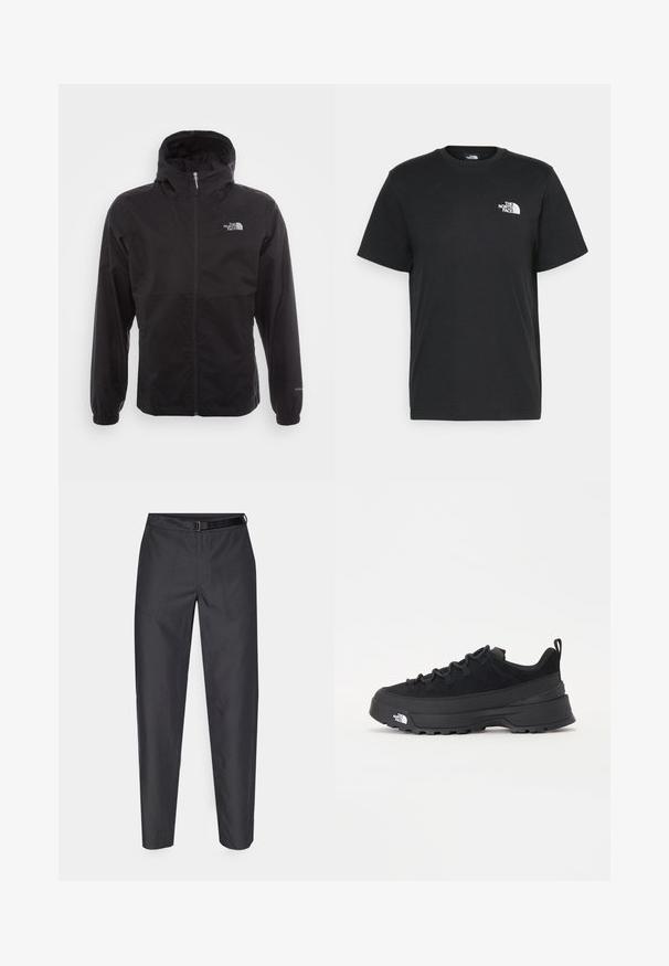 Black waterproof jacket with a full zip, adjustable hood, elastic cuffs, and a logo on the chest; lightweight, smooth texture.; Black cotton t-shirt with short sleeves, crew neck, and a small white logo on the left chest. Simple design, smooth texture, and relaxed fit.; Dark gray trousers featuring a smooth texture, elastic waistband with a belt, and two front pockets for practicality.; Black outdoor sneaker with a suede upper, textured rubber sole, and sturdy lacing system. Features a reinforced heel and brand logo on the side.
