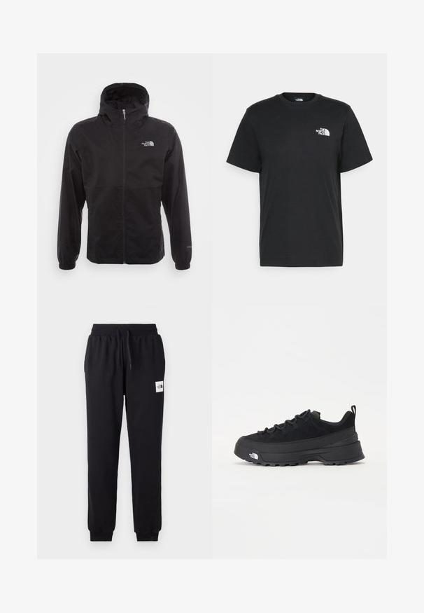 Schwarze wasserdichte Jacke mit durchgehendem Reißverschluss, verstellbarem Kapuzen, elastischen Bündchen und einem Logo auf der Brust; leicht und mit glatter Textur.; Schwarzes Baumwoll-T-Shirt mit kurzen Ärmeln, Rundhalsausschnitt und einem kleinen weißen Logo auf der linken Brust. Schlichtes Design, glatte Textur und lockere Passform.; Schwarze Jogginghose aus weichem Stoff, mit elastischem Bund, verstellbarem Kordelzug und kleinem weißen Logo am Oberschenkel.; Schwarzer Outdoorsneaker mit einem Obermaterial aus Wildleder, strukturierter Gummisohle und robustem Schnürsystem. Verfügt über eine verstärkte Ferse und das Markenlogo an der Seite.