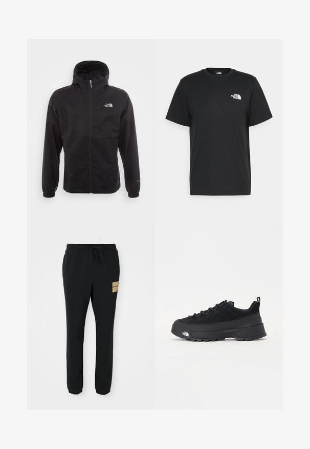 Fekete, vízálló dzseki teljes cipzárral, állítható kapucnival, rugalmas mandzsettákkal és mellkasi logóval; könnyű, sima textúrájú.; Fekete pamut póló, rövid ujjú, kerek nyakkivágással és egy kis fehér logóval a bal mellrészen. Egyszerű dizájn, sima textúra és laza fazon.; Fekete, cső szabású melegítőnadrág derékpánttal, zsinórral, gumis bokákkal és egy világosbarna Columbia logóval a jobb combon.; Fekete kültéri sneaker velúr felsőrésszel, texturált gumitalppal és strapabíró fűzőrendszerrel. Megerősített sarkú és oldalán márkalogóval rendelkezik.