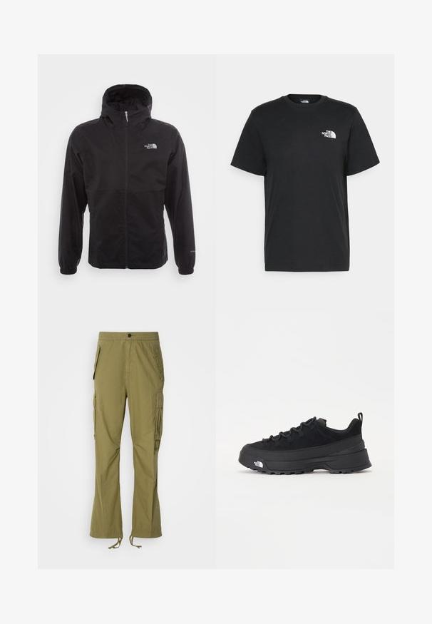 Black waterproof jacket with a full zip, adjustable hood, elastic cuffs, and a logo on the chest; lightweight, smooth texture.; Black cotton t-shirt with short sleeves, crew neck, and a small white logo on the left chest. Simple design, smooth texture, and relaxed fit.; Olive green cargo pants with an elastic waistband, side pockets, and adjustable drawstrings at the cuffs. Lightweight fabric with a smooth texture.; Black outdoor sneaker with a suede upper, textured rubber sole, and sturdy lacing system. Features a reinforced heel and brand logo on the side.