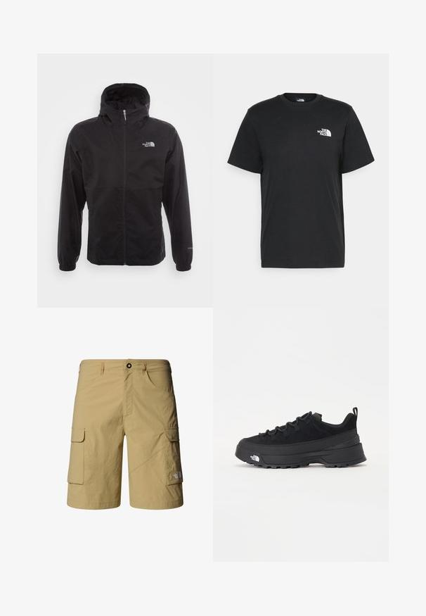 Zwarte waterdichte jack met volledige rits, verstelbare capuchon, elastische manchetten en een logo op de borst; lichtgewicht, gladde textuur.; Zwarte katoenen T-shirt met korte mouwen, ronde hals en een klein wit logo op de linkerkant van de borst. Eenvoudig ontwerp, gladde textuur en een comfortabele pasvorm.; Beige cargoshorts van lichtgewicht stof met twee zijzakken en twee cargozakken. Voorzien van een knoopsluiting en riemlussen.; Zwarte outdoor sneaker met een suede bovenkant, een gestructureerde rubberen zool en een stevig vetersysteem. Heeft een versterkte hiel en een merklogo aan de zijkant.