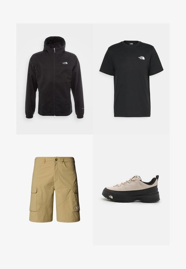 Chaqueta negra impermeable con cremallera completa, capucha ajustable, puños elásticos y un logo en el pecho; ligera, con textura suave.; Camiseta de algodón negro con mangas cortas, cuello redondo y un pequeño logo blanco en el lado izquierdo del pecho. Diseño simple, textura suave y ajuste relajado.; Pantalones cortos de carga beige fabricados con un material ligero que cuenta con dos bolsillos laterales y dos bolsillos de carga. Incluyen un cierre de botón y trabillas para el cinturón.; Zapato de senderismo de ante beige con suela de goma negra, acentos texturizados y cordones reflectantes. Cuenta con una pestaña de agarre para facilitar su colocación.