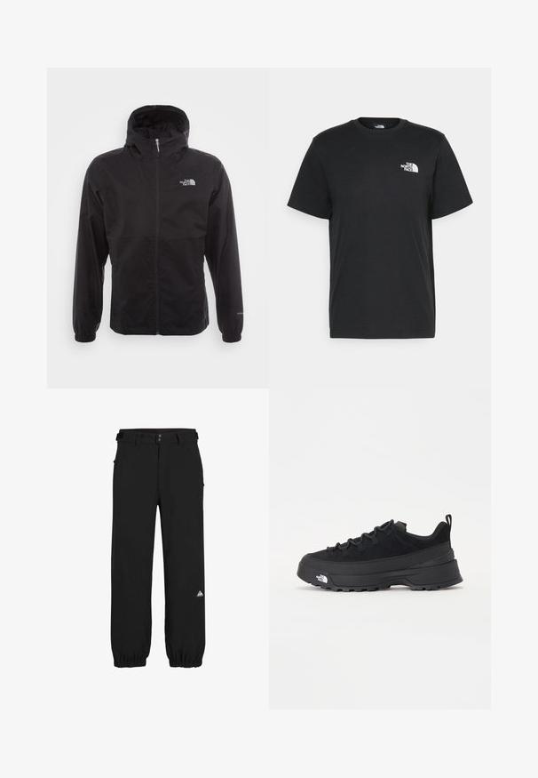 Giacca nera impermeabile con zip completa, cappuccio regolabile, polsini elasticizzati e logo sul petto; leggera, con texture liscia.; T-shirt nera in cotone con maniche corte, colletto a giro, e un piccolo logo bianco sul lato sinistro del petto. Design semplice, texture liscia e vestibilità rilassata.; Pantaloni neri in tessuto leggero, con una vestibilità comoda, polsini elasticizzati, passanti per cintura e un piccolo logo colorato sulla coscia.; Sneaker da esterno nera con parte superiore in suede, suola in gomma testurizzata e robusto sistema di allacciatura. Presenta un tallone rinforzato e il logo del marchio sul lato.