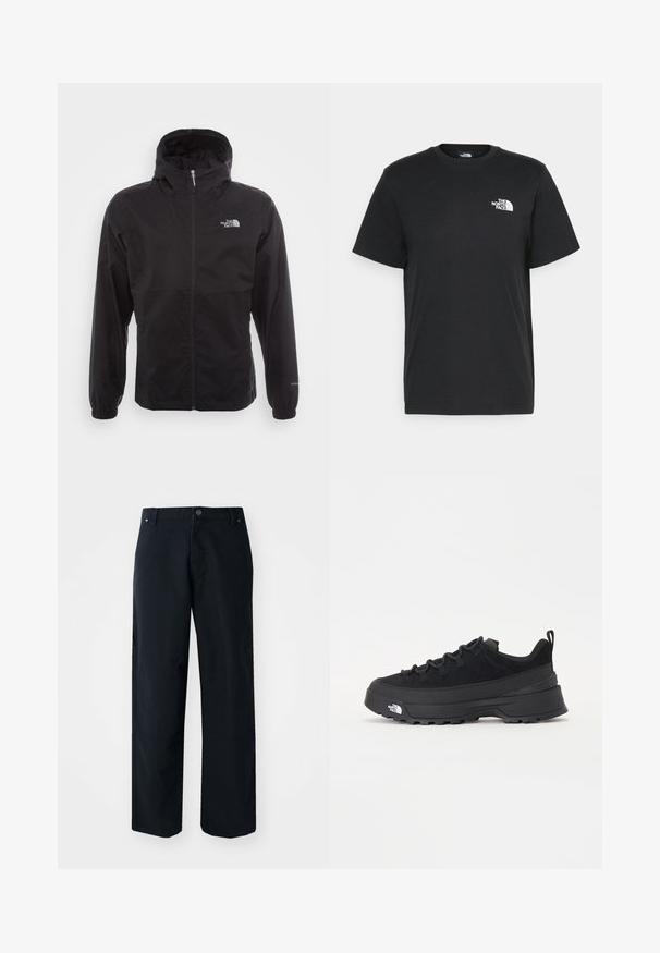 Čierna nepremokavá bunda s plným zipsom, nastaviteľnou kapucňou, elastickými manžetami a logom na hrudi; ľahká, s hladkou textúrou.; Čierne bavlnené tričko s krátkymi rukávmi, klasickým výstrihom a malým bielym logom na ľavej hrudi. Jednoduchý dizajn, hladká textúra a voľný strih.; Čierne nohavice so širokými nohavicami vyrobené z bavlneného zmesi. Majú zapínanie na gombík, predné vrecká a jemné prešívanie.; Čierne vonkajšie tenisky so zvrškom z semišu, štruktúrovanou gumovou podrážkou a pevným šnurovaním. Obsahujú vystužený opätok a logo značky na boku.