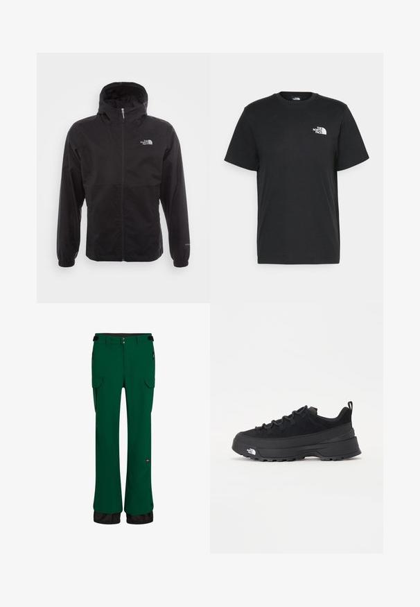 Czarna wodoodporna kurtka z pełnym zamkiem, regulowanym kapturem, elastycznymi mankietami i logo na piersi; lekka, gładka tekstura.; Czarna bawełniana koszulka z krótkimi rękawami, okrągłym dekoltem i małym białym logo na lewej piersi. Prosty design, gładka faktura i luźny krój.; Zielone wodoodporne spodnie o prostym kroju, z elastycznym pasem, kieszeniami cargo, zamykanymi kieszeniami bocznymi oraz czarnym wykończeniem u dołu.; Czarne sneakersy outdoorowe z zamszowym wierzchem, teksturowaną gumową podeszwą i solidnym systemem sznurowania. Posiadają wzmocnioną piętę oraz logo marki na boku.