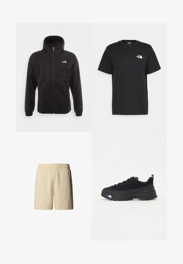 Schwarze wasserdichte Jacke mit durchgehendem Reißverschluss, verstellbarem Kapuzen, elastischen Bündchen und einem Logo auf der Brust; leicht und mit glatter Textur.; Schwarzes Baumwoll-T-Shirt mit kurzen Ärmeln, Rundhalsausschnitt und einem kleinen weißen Logo auf der linken Brust. Schlichtes Design, glatte Textur und lockere Passform.; Helle beige Shorts aus weichem Baumwollmaterial, mit einem elastischen Bund und einem lässigen Design ohne sichtbare Taschen oder Muster.; Schwarzer Outdoorsneaker mit einem Obermaterial aus Wildleder, strukturierter Gummisohle und robustem Schnürsystem. Verfügt über eine verstärkte Ferse und das Markenlogo an der Seite.