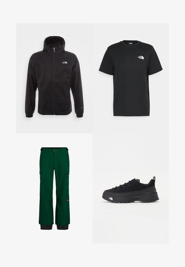 Chaqueta negra impermeable con cremallera completa, capucha ajustable, puños elásticos y un logo en el pecho; ligera, con textura suave.; Camiseta de algodón negro con mangas cortas, cuello redondo y un pequeño logo blanco en el lado izquierdo del pecho. Diseño simple, textura suave y ajuste relajado.; Pantalones de nieve verdes impermeables con un bolsillo de carga, puños elásticos y dobladillo inferior negro en contraste. Cuenta con cremalleras y un tejido resistente.; Zapatilla negra de exterior con parte superior de ante, suela de goma texturizada y un sólido sistema de cordones. Cuenta con un talón reforzado y el logotipo de la marca en el lateral.