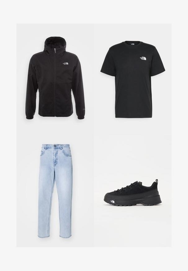 Juodas vandeniui atsparus švarkas su pilnu užtrauktuku, reguliuojama kapuce, elastingais rankogaliais ir logotipu ant krūtinės; lengvas, lygaus paviršiaus.; Juoda medvilninė marškinė su trumpomis rankovėmis, apvaliu iškirpimu ir maža balta logo kairėje krūtinės pusėje. Paprastas dizainas, lygi tekstūra ir laisvas pritaikymas.; Šviesiai mėlynos džinsinės kelnės tiesaus silueto, su sagčių uždarymu, šoninėmis kišenėmis ir švariu apvadu be dekoracijų.; Juodas lauko sportinis batelis su zomšiniu viršumi, tekstūruota guma padais ir tvirtas raištelių sistema. Yra sustiprinta kulno dalis ir prekės ženklo logotipas šone.