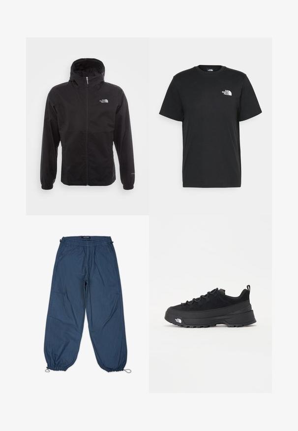 Casaco impermeável preto com fecho completo, capuz ajustável, punhos elásticos e um logótipo no peito; leve, com textura suave.; T-shirt de algodão preto com mangas curtas, decote redondo e um pequeno logótipo branco no lado esquerdo do peito. Design simples, textura suave e corte relaxado.; Calças leves azuis com cintura elástica, bolsos laterais e punhos ajustados. O tecido possui uma textura suave com costuras mínimas visíveis.; Sapatilha de exterior preta com parte superior em camurça, sola de borracha texturizada e sistema de atacadores robusto. Apresenta um calcanhar reforçado e o logótipo da marca na lateral.