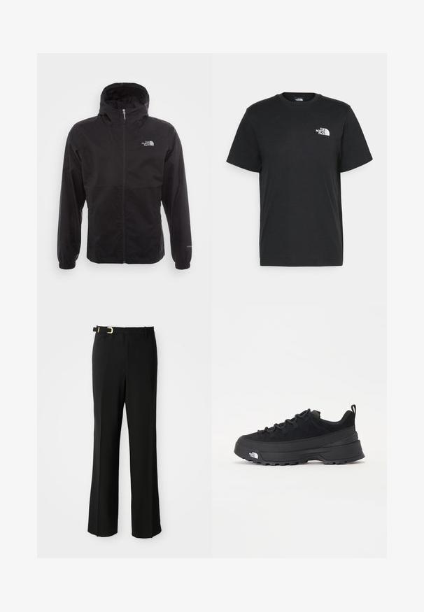 Must have veekindel must jope täispikksu lõpetusega, reguleeritava kapuutsiga, elastsete mansettide ning rinnal oleva logoga; kerge, sile tekstuur.; Musthave musta puuvillane T-särk lühikeste varrukatega, ümmargune kaelus ja väike valge logo vasakul rinnal. Lihtne disain, sile tekstuur ja mugav lõige.; Mustad püksid, millel on kohandatud istuvus, lamedad esiosad, vööaasad, graatsiline siluett ja vöö peal kullatud tüübliga aksessuaar.; Must musta jalats, millel on sametised ülemused, tekstuuriga kummist põhi ja vastupidav sidumise süsteem. Omab tugevdust kannaosas ja brändi logo küljes.