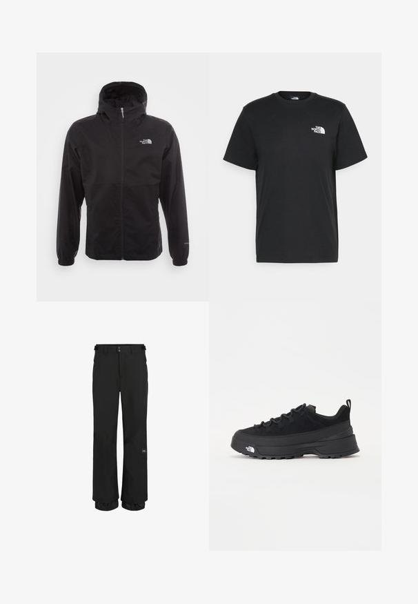 Must have veekindel must jope täispikksu lõpetusega, reguleeritava kapuutsiga, elastsete mansettide ning rinnal oleva logoga; kerge, sile tekstuur.; Musthave musta puuvillane T-särk lühikeste varrukatega, ümmargune kaelus ja väike valge logo vasakul rinnal. Lihtne disain, sile tekstuur ja mugav lõige.; Mustad mustad suusapüksid, mis on valmistatud veekindlast kangast ja on lõdva lõikega. Omadustena on neil tõmblukuga taskud ja reguleeritavad mansetid, mis tagavad kindla istuvuse.; Must musta jalats, millel on sametised ülemused, tekstuuriga kummist põhi ja vastupidav sidumise süsteem. Omab tugevdust kannaosas ja brändi logo küljes.