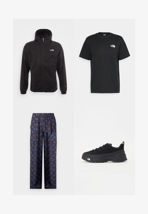 Čierna nepremokavá bunda s plným zipsom, nastaviteľnou kapucňou, elastickými manžetami a logom na hrudi; ľahká, s hladkou textúrou.; Čierne bavlnené tričko s krátkymi rukávmi, klasickým výstrihom a malým bielym logom na ľavej hrudi. Jednoduchý dizajn, hladká textúra a voľný strih.; Široké nohavice z tmavého materiálu, s tkaným modrým vzorom. Elastický pás zabezpečuje pohodlie. Hladká textúra s geometrickými akcentmi.; Čierne vonkajšie tenisky so zvrškom z semišu, štruktúrovanou gumovou podrážkou a pevným šnurovaním. Obsahujú vystužený opätok a logo značky na boku.