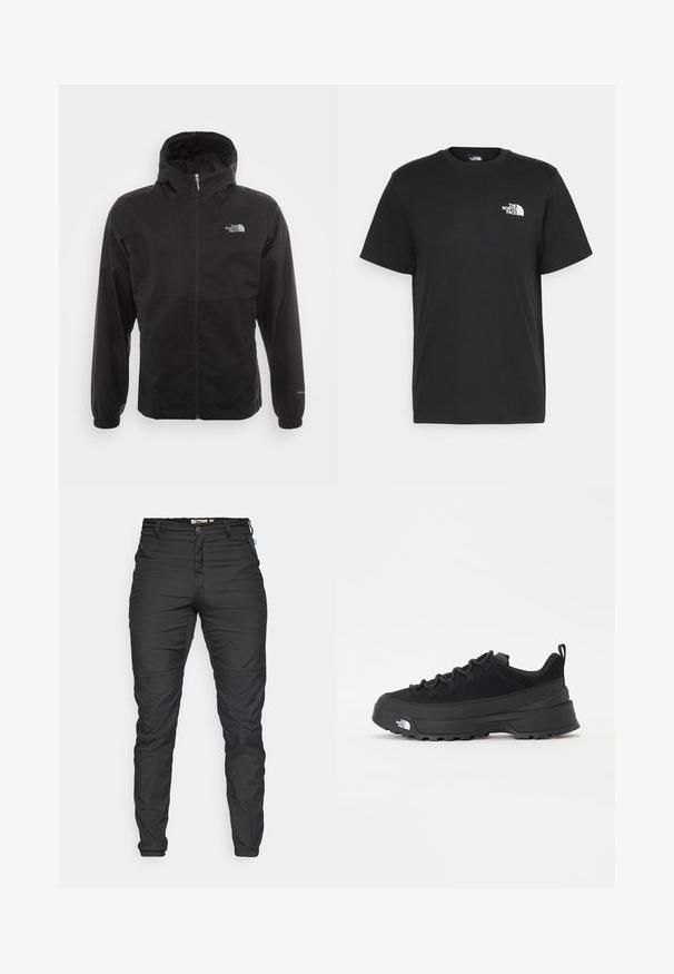 Schwarze wasserdichte Jacke mit durchgehendem Reißverschluss, verstellbarem Kapuzen, elastischen Bündchen und einem Logo auf der Brust; leicht und mit glatter Textur.; Schwarzes Baumwoll-T-Shirt mit kurzen Ärmeln, Rundhalsausschnitt und einem kleinen weißen Logo auf der linken Brust. Schlichtes Design, glatte Textur und lockere Passform.; Schwarze, taillierte Hosen aus strapazierfähigem Stoff. Merkmale umfassen einen Reißverschluss vorne, Gürtelschlaufen und seitliche Taschen mit Reißverschlüssen. Glatte Textur.; Schwarzer Outdoorsneaker mit einem Obermaterial aus Wildleder, strukturierter Gummisohle und robustem Schnürsystem. Verfügt über eine verstärkte Ferse und das Markenlogo an der Seite.