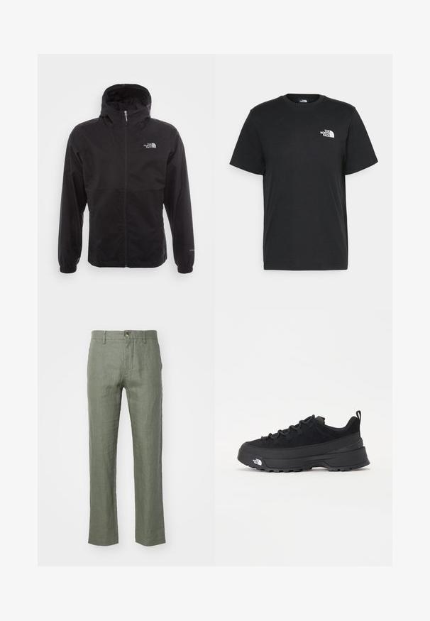 Casaco impermeável preto com fecho completo, capuz ajustável, punhos elásticos e um logótipo no peito; leve, com textura suave.; T-shirt de algodão preto com mangas curtas, decote redondo e um pequeno logótipo branco no lado esquerdo do peito. Design simples, textura suave e corte relaxado.; Calças de linho verde-azeitona, leves, com corte reto, apresentando um fecho de botão e um acabamento texturizado. Sem bolsos visíveis.; Sapatilha de exterior preta com parte superior em camurça, sola de borracha texturizada e sistema de atacadores robusto. Apresenta um calcanhar reforçado e o logótipo da marca na lateral.