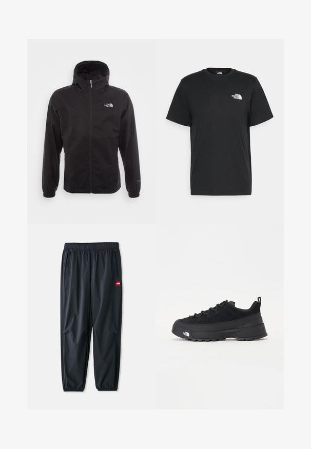 Svart vanntett jakke med full glidelås, justerbar hette, elastiske mansjetter og logo på brystet; lett, glatt tekstur.; Svart bomull t-skjorte med korte ermer, rund hals og en liten hvit logo på venstre bryst. Enkel design, glatt tekstur og avslappet passform.; Sorte lette bukser laget av syntetisk materiale, med elastisk linning, glidelåslommer på siden, og en liten rød logo-patch.; Svart utendørs sneakers med overdel i semsket skinn, teksturert gummisåle og solid snøresystem. Har forsterket hæl og merkevarelogo på siden.