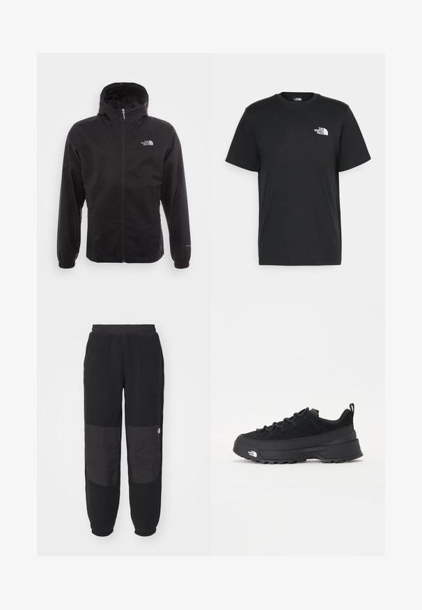 Chaqueta negra impermeable con cremallera completa, capucha ajustable, puños elásticos y un logo en el pecho; ligera, con textura suave.; Camiseta de algodón negro con mangas cortas, cuello redondo y un pequeño logo blanco en el lado izquierdo del pecho. Diseño simple, textura suave y ajuste relajado.; The North Face M RETRO DENALI PANT - Pantalones deportivos - black; Zapatilla negra de exterior con parte superior de ante, suela de goma texturizada y un sólido sistema de cordones. Cuenta con un talón reforzado y el logotipo de la marca en el lateral.