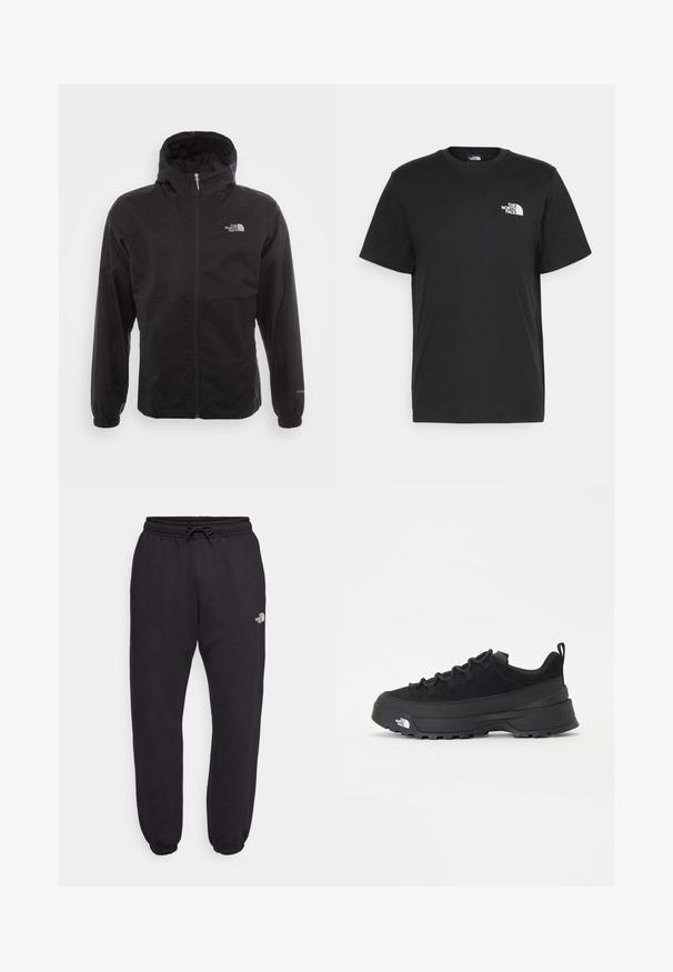 Black waterproof jacket with a full zip, adjustable hood, elastic cuffs, and a logo on the chest; lightweight, smooth texture.; Black cotton t-shirt with short sleeves, crew neck, and a small white logo on the left chest. Simple design, smooth texture, and relaxed fit.; Black sweatpants with an elastic waistband, drawstring, and cuffs. Features a small white logo on the upper side. Soft fabric texture.; Black outdoor sneaker with a suede upper, textured rubber sole, and sturdy lacing system. Features a reinforced heel and brand logo on the side.