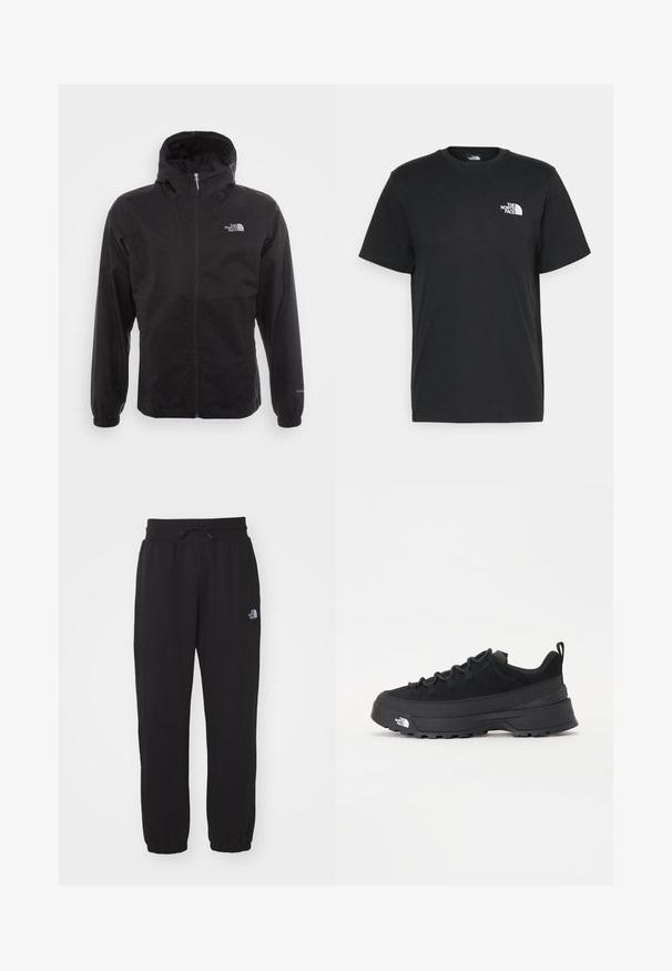 Schwarze wasserdichte Jacke mit durchgehendem Reißverschluss, verstellbarem Kapuzen, elastischen Bündchen und einem Logo auf der Brust; leicht und mit glatter Textur.; Schwarzes Baumwoll-T-Shirt mit kurzen Ärmeln, Rundhalsausschnitt und einem kleinen weißen Logo auf der linken Brust. Schlichtes Design, glatte Textur und lockere Passform.; Schwarze Jogginghose aus weichem Stoff, mit einem elastischen Bund und Kordelzug, Bündchen an den Knöcheln und einem kleinen Logo am Oberschenkel.; Schwarzer Outdoorsneaker mit einem Obermaterial aus Wildleder, strukturierter Gummisohle und robustem Schnürsystem. Verfügt über eine verstärkte Ferse und das Markenlogo an der Seite.