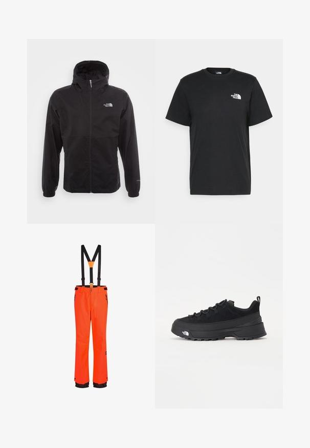 Zwarte waterdichte jack met volledige rits, verstelbare capuchon, elastische manchetten en een logo op de borst; lichtgewicht, gladde textuur.; Zwarte katoenen T-shirt met korte mouwen, ronde hals en een klein wit logo op de linkerkant van de borst. Eenvoudig ontwerp, gladde textuur en een comfortabele pasvorm.; Oranje waterdichte skibroek met verstelbare zwarte bretels, ritszakken en zwarte accenten bij de boorden. Duurzaam materiaal, rechte pijpen.; Zwarte outdoor sneaker met een suede bovenkant, een gestructureerde rubberen zool en een stevig vetersysteem. Heeft een versterkte hiel en een merklogo aan de zijkant.