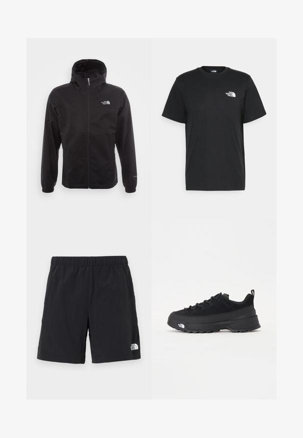 Melna ūdensnecaurlaidīga jaka ar pilnu rāvējslēdzēju, regulējamu kapuci, elastīgām piedurknēm un logo uz krūtīm; viegla, gluda tekstūra.; Melna kokvilnas T-krekls ar īsām piedurknēm, apaļu kakla izgriezumu un mazu balto logotipu kreisajā krūtīs. Vienkāršs dizains, gluda tekstūra un brīvs piegriezums.; Melnas šortus, kas izgatavoti no viegla auduma, ar elastīgu jostu un mazu baltu logotipu apakšējā labajā stūrī.; Melni āra sporta apavi ar zamšādas virsu, teksturētu gumijas zoli un izturīgu auklu sistēmu. Iezīmēts ar pastiprinātu papēdi un zīmola logo sānu daļā.