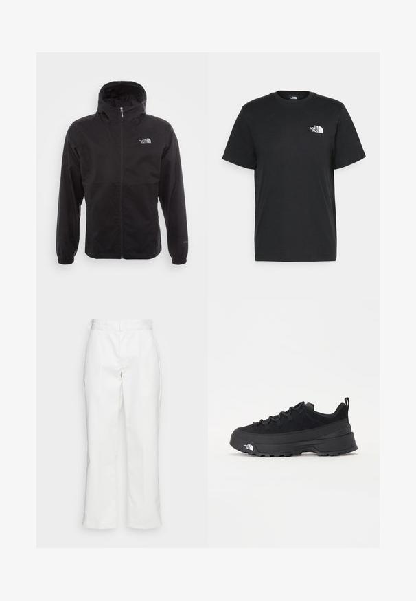 Črna vodotesna jakna s polnim zadrgo, nastavljivo kapuco, elastičnimi manšeti in logotipom na prsih; lahka, gladka tekstura.; Črna bombažna majica s kratkimi rokavi, okroglim izrezom in majhnim belim logotipom na levem prsnem delu. Preprost dizajn, gladka tekstura in sproščen kroj.; Bele hlače iz bombaža s ravnim krojem, z obrobo za pas in stranskimi žepi, z gladko teksturo in minimalnimi detajli.; Črne zunanje teniske s zgornjim delom iz usnja z nubukom, teksturiranim gumijastim podplatom in trdnim vezalnim sistemom. Imajo ojačan petni del in logotip blagovne znamke na strani.