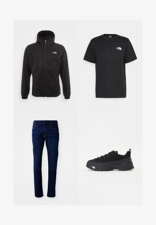 Črna vodotesna jakna s polnim zadrgo, nastavljivo kapuco, elastičnimi manšeti in logotipom na prsih; lahka, gladka tekstura.; Črna bombažna majica s kratkimi rokavi, okroglim izrezom in majhnim belim logotipom na levem prsnem delu. Preprost dizajn, gladka tekstura in sproščen kroj.; Temno modri jeans s ravnim krojem, petimi žepi in klasičnim gumbom za zapiranje. Tkanina ima gladko teksturo z rahlim zbledelostjo.; Črne zunanje teniske s zgornjim delom iz usnja z nubukom, teksturiranim gumijastim podplatom in trdnim vezalnim sistemom. Imajo ojačan petni del in logotip blagovne znamke na strani.