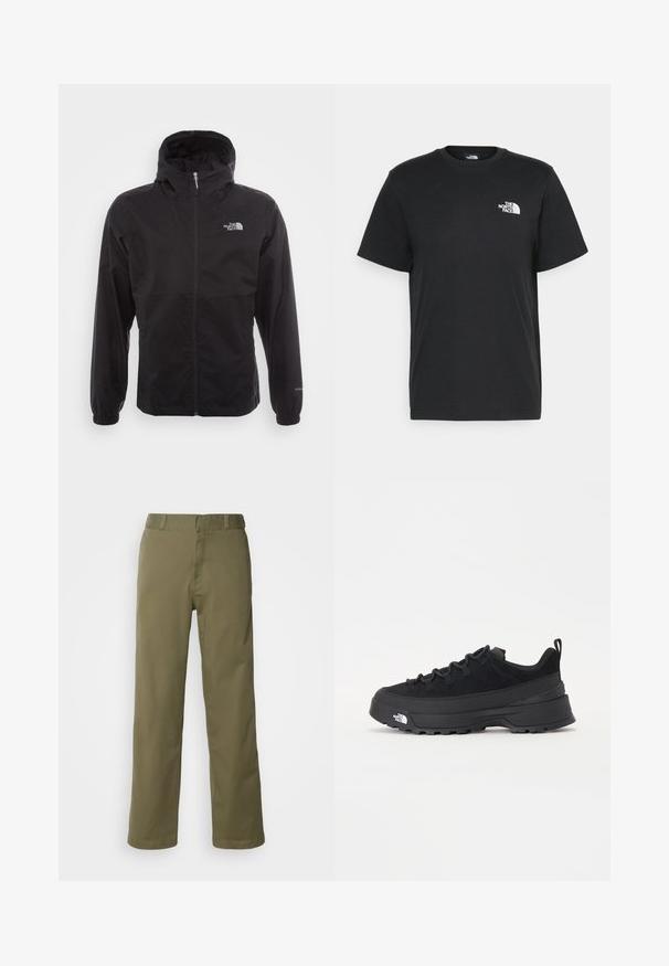 Schwarze wasserdichte Jacke mit durchgehendem Reißverschluss, verstellbarem Kapuzen, elastischen Bündchen und einem Logo auf der Brust; leicht und mit glatter Textur.; Schwarzes Baumwoll-T-Shirt mit kurzen Ärmeln, Rundhalsausschnitt und einem kleinen weißen Logo auf der linken Brust. Schlichtes Design, glatte Textur und lockere Passform.; Khakihosen aus glattem Baumwollstoff, mit geradem Bein, Knopf- und Reißverschlussverschluss sowie Gürtelschlaufen am Bund.; Schwarzer Outdoorsneaker mit einem Obermaterial aus Wildleder, strukturierter Gummisohle und robustem Schnürsystem. Verfügt über eine verstärkte Ferse und das Markenlogo an der Seite.