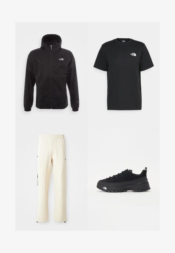 Fekete, vízálló dzseki teljes cipzárral, állítható kapucnival, rugalmas mandzsettákkal és mellkasi logóval; könnyű, sima textúrájú.; Fekete pamut póló, rövid ujjú, kerek nyakkivágással és egy kis fehér logóval a bal mellrészen. Egyszerű dizájn, sima textúra és laza fazon.; Világos bézs színű, puha anyagból készült jogger nadrág. Fekete logóval, oldalsó cipzáras zsebekkel és laza szabással rendelkezik.; Fekete kültéri sneaker velúr felsőrésszel, texturált gumitalppal és strapabíró fűzőrendszerrel. Megerősített sarkú és oldalán márkalogóval rendelkezik.