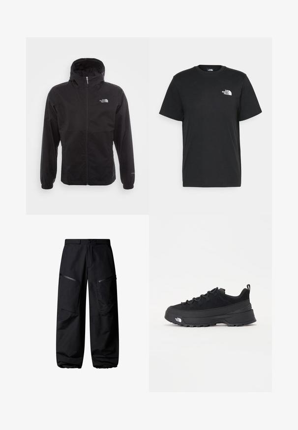 Svart vanntett jakke med full glidelås, justerbar hette, elastiske mansjetter og logo på brystet; lett, glatt tekstur.; Svart bomull t-skjorte med korte ermer, rund hals og en liten hvit logo på venstre bryst. Enkel design, glatt tekstur og avslappet passform.; Sorte cargo bukser med en løs pasform, der har flere lynlåslommer og elastiske manchetter. Lavet af let, slidstærkt stof.; Svart utendørs sneakers med overdel i semsket skinn, teksturert gummisåle og solid snøresystem. Har forsterket hæl og merkevarelogo på siden.