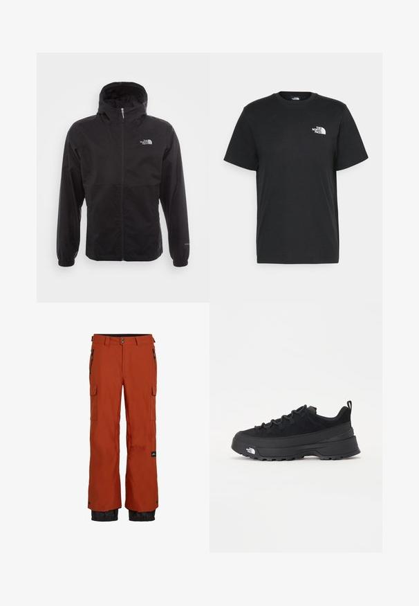 Schwarze wasserdichte Jacke mit durchgehendem Reißverschluss, verstellbarem Kapuzen, elastischen Bündchen und einem Logo auf der Brust; leicht und mit glatter Textur.; Schwarzes Baumwoll-T-Shirt mit kurzen Ärmeln, Rundhalsausschnitt und einem kleinen weißen Logo auf der linken Brust. Schlichtes Design, glatte Textur und lockere Passform.; Rostorange wasserdichte Skihosen mit isoliertem Material, zwei seitlichen Reißverschluss-Taschen, einer Cargo-Tasche und schwarzen elastischen Bündchen an den Knöcheln.; Schwarzer Outdoorsneaker mit einem Obermaterial aus Wildleder, strukturierter Gummisohle und robustem Schnürsystem. Verfügt über eine verstärkte Ferse und das Markenlogo an der Seite.