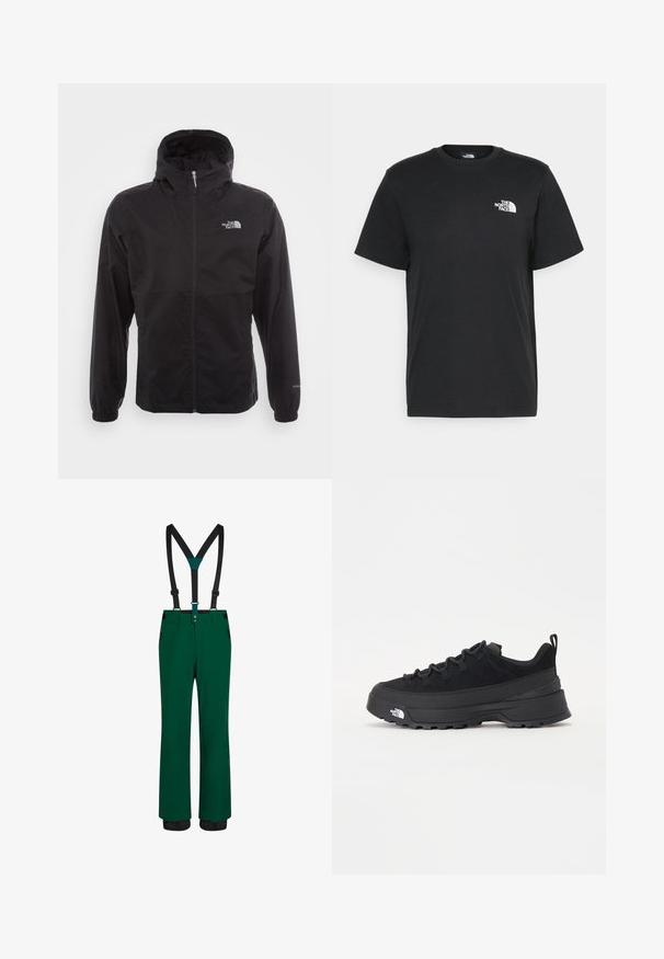 Must have veekindel must jope täispikksu lõpetusega, reguleeritava kapuutsiga, elastsete mansettide ning rinnal oleva logoga; kerge, sile tekstuur.; Musthave musta puuvillane T-särk lühikeste varrukatega, ümmargune kaelus ja väike valge logo vasakul rinnal. Lihtne disain, sile tekstuur ja mugav lõige.; Roheline suusapükste komplekt mustade reguleeritavate traatide, lukuga taskute, sirge lõike ja tugevdatud äärtega vastupidavuse tagamiseks. Sile tekstuur.; Must musta jalats, millel on sametised ülemused, tekstuuriga kummist põhi ja vastupidav sidumise süsteem. Omab tugevdust kannaosas ja brändi logo küljes.