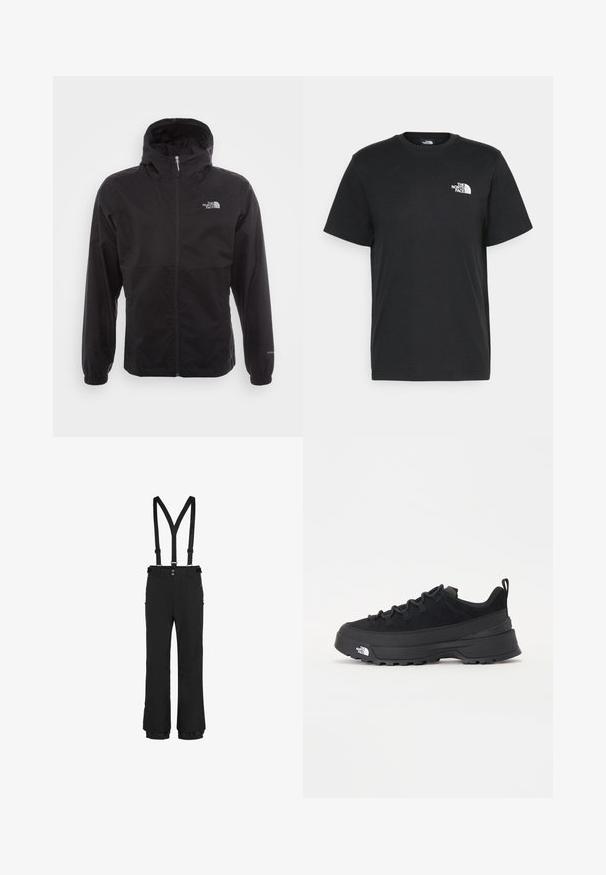 Casaco impermeável preto com fecho completo, capuz ajustável, punhos elásticos e um logótipo no peito; leve, com textura suave.; T-shirt de algodão preto com mangas curtas, decote redondo e um pequeno logótipo branco no lado esquerdo do peito. Design simples, textura suave e corte relaxado.; Calças de neve pretas com suspensórios ajustáveis, fecho de correr frontal, bolsos laterais com fecho de correr e punhos elásticos na bainha para um ajuste seguro.; Sapatilha de exterior preta com parte superior em camurça, sola de borracha texturizada e sistema de atacadores robusto. Apresenta um calcanhar reforçado e o logótipo da marca na lateral.