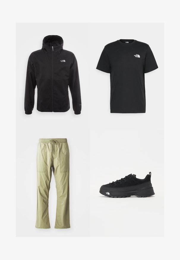 Svart vanntett jakke med full glidelås, justerbar hette, elastiske mansjetter og logo på brystet; lett, glatt tekstur.; Svart bomull t-skjorte med korte ermer, rund hals og en liten hvit logo på venstre bryst. Enkel design, glatt tekstur og avslappet passform.; Olivengrønne, letvægtige cargo-bukser med snøre i taljen, to forlommer og en afslappet pasform. Glat bomuldsstof, lige ben-design.; Svart utendørs sneakers med overdel i semsket skinn, teksturert gummisåle og solid snøresystem. Har forsterket hæl og merkevarelogo på siden.