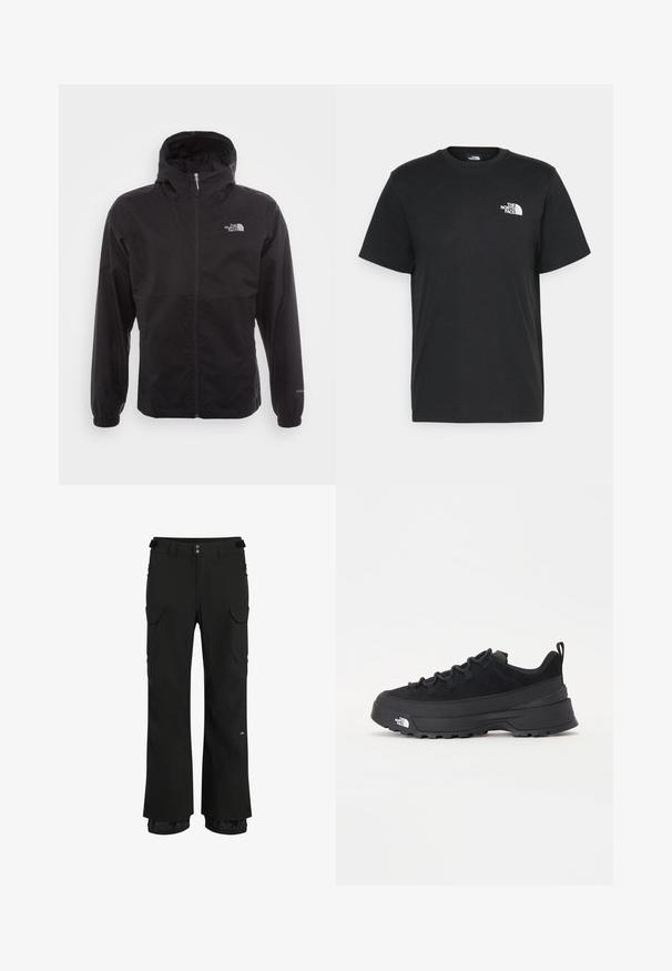 Black waterproof jacket with a full zip, adjustable hood, elastic cuffs, and a logo on the chest; lightweight, smooth texture.; Black cotton t-shirt with short sleeves, crew neck, and a small white logo on the left chest. Simple design, smooth texture, and relaxed fit.; Black cargo pants featuring a loose fit, multiple side pockets, adjustable waistband, and a water-resistant fabric for outdoor use.; Black outdoor sneaker with a suede upper, textured rubber sole, and sturdy lacing system. Features a reinforced heel and brand logo on the side.