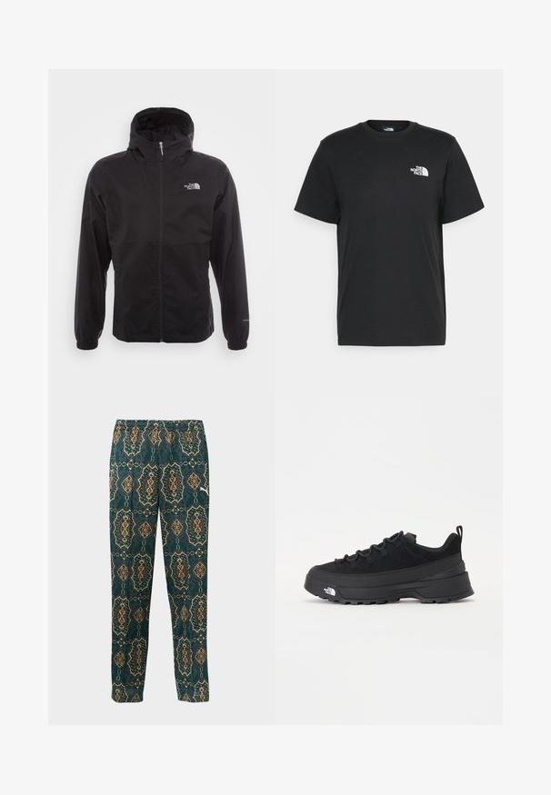 Čierna nepremokavá bunda s plným zipsom, nastaviteľnou kapucňou, elastickými manžetami a logom na hrudi; ľahká, s hladkou textúrou.; Čierne bavlnené tričko s krátkymi rukávmi, klasickým výstrihom a malým bielym logom na ľavej hrudi. Jednoduchý dizajn, hladká textúra a voľný strih.; Vzorované nohavice v tmavom teal s prepracovaným zlatým a hnedým dizajnom. Majú elastický pás a rovný strih. Ľahká tkanina.; Čierne vonkajšie tenisky so zvrškom z semišu, štruktúrovanou gumovou podrážkou a pevným šnurovaním. Obsahujú vystužený opätok a logo značky na boku.