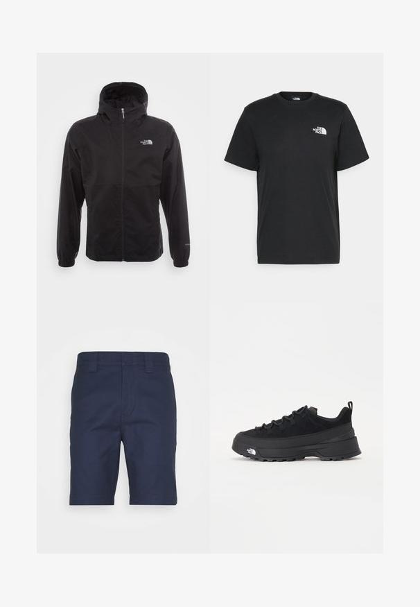 Svart vattentät jacka med full dragkedja, justerbar huva, elastiska ärmslut och en logotyp på bröstet; lätt och slät textur.; Svart bomull t-shirt med kort ärm, rund halsringning och en liten vit logga på vänster bröst. Enkelt design, mjuk textur och avslappnad passform.; Marina blå shorts i slätt tyg, med en platt front, bältesöglor och en klassisk skärning. Inga synliga mönster eller accentfärger.; Svart utomhussko med ovandel i mocka, texturerad gummisula och robust snörningssystem. Har en förstärkt häl och varumärkeslogotyp på sidan.