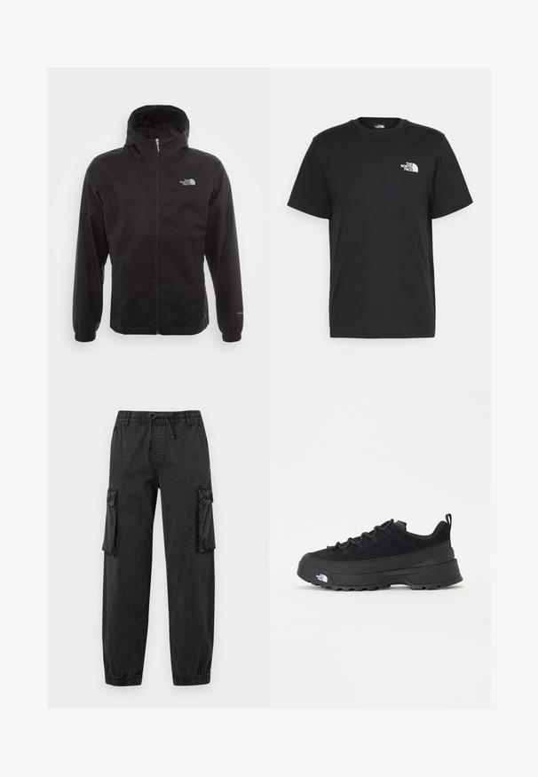 Fekete, vízálló dzseki teljes cipzárral, állítható kapucnival, rugalmas mandzsettákkal és mellkasi logóval; könnyű, sima textúrájú.; Fekete pamut póló, rövid ujjú, kerek nyakkivágással és egy kis fehér logóval a bal mellrészen. Egyszerű dizájn, sima textúra és laza fazon.; Fekete cargo nadrág texturált anyagból, rugalmas derékkal és húzózsinórral. Oldalsó zsebekkel és rugalmas szegéllyel a bokáknál.; Fekete kültéri sneaker velúr felsőrésszel, texturált gumitalppal és strapabíró fűzőrendszerrel. Megerősített sarkú és oldalán márkalogóval rendelkezik.