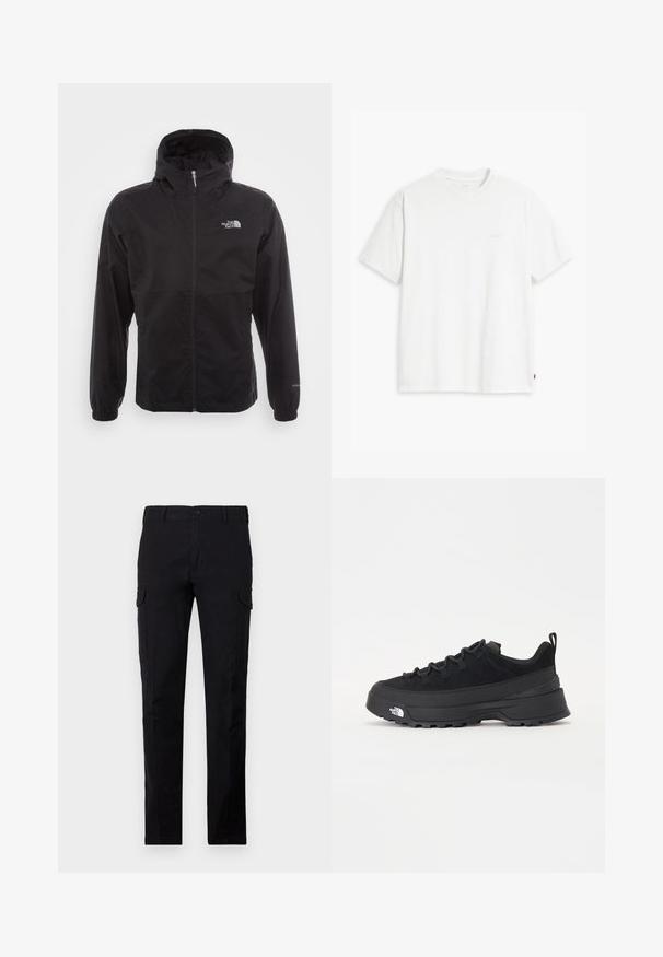 Must have veekindel must jope täispikksu lõpetusega, reguleeritava kapuutsiga, elastsete mansettide ning rinnal oleva logoga; kerge, sile tekstuur.; Valge puuvillane t-särk lühikeste varrukatega, ümmargune kaelus ja peene Levi'si logo trükituna keskel. Pehme tekstuur ja standardne istuvus.; Musthave mustad kangad, mis on valmistatud vastupidavast kangast, tavalise lõikega, nööpkinnituse ja kahe külje cargo taskuga. Üksne tekstuur ilma mustriteta.; Must musta jalats, millel on sametised ülemused, tekstuuriga kummist põhi ja vastupidav sidumise süsteem. Omab tugevdust kannaosas ja brändi logo küljes.