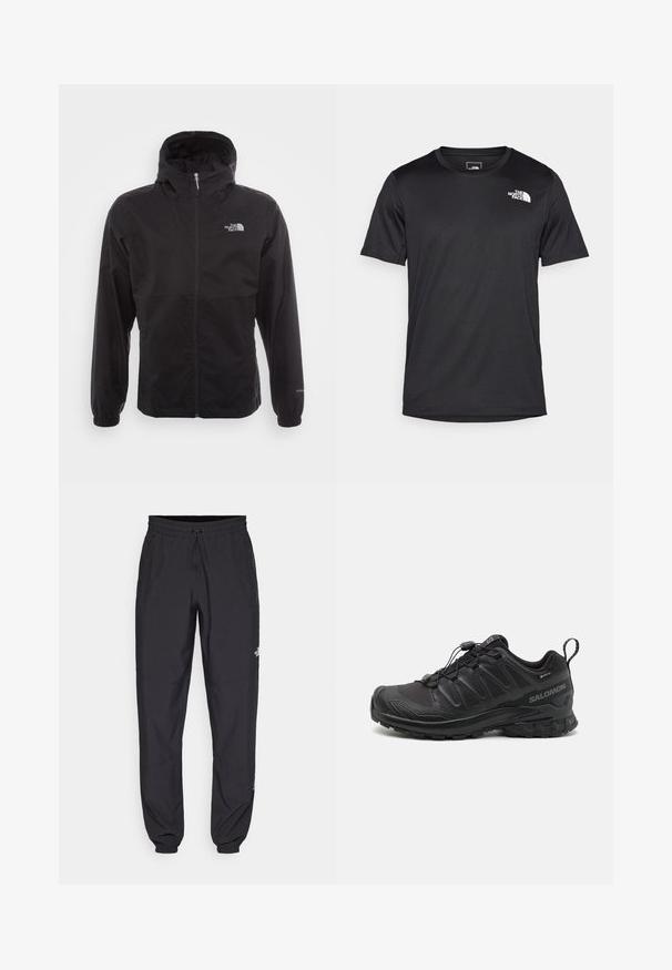 Zwarte waterdichte jack met volledige rits, verstelbare capuchon, elastische manchetten en een logo op de borst; lichtgewicht, gladde textuur.; Zwarte T-shirt met korte mouwen van gestructureerde stof, voorzien van een klein wit logo op de bovenste linkerborst, rond de hals.; Zwarte sportieve broek gemaakt van lichtgewicht stof, met een trekkoord in de taille, zijzakken en taps toelopende boorden bij de enkels.; Zwarte sportieve schoen met een gestructureerde synthetische bovenkant, een gevoerde zool en een snelvetersysteem. Heeft een verstevigde neus en hiel.