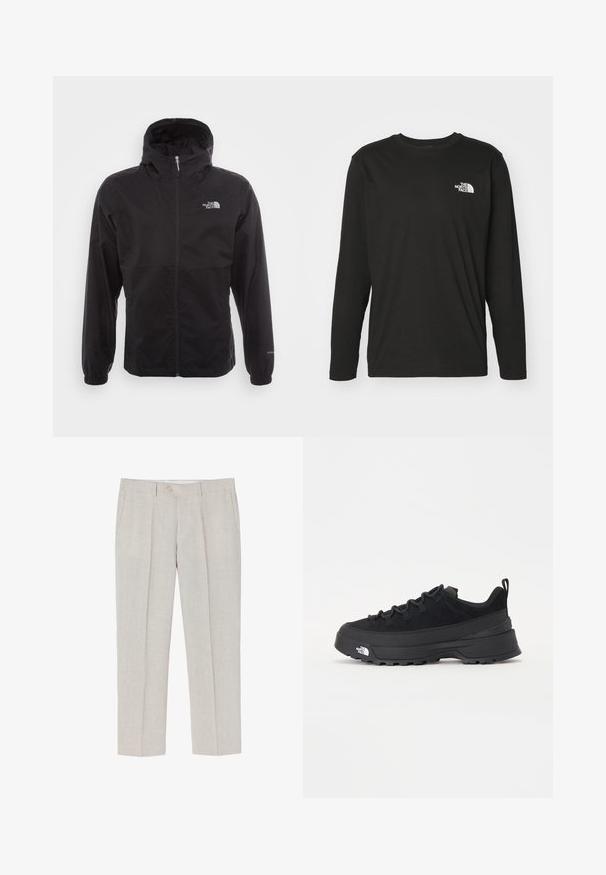 Sort vandtæt jakke med fuld lynlås, justerbar hætte, elastiske manchetter og et logo på brystet; letvægts, glat tekstur.; Langærmet sort t-shirt i bomuld med et hvidt logo fra The North Face på venstre bryst. Enkel design med rund hals.; Lyse beige linned bukser med lige ben, subtil tekstur, to frontlommer og en enkelt knaplukning i taljen.; Sort udendørs sneakers med overdel i ruskind, tekstureret gummisål og robust snøringssystem. Har en forstærket hæl og logo fra mærket på siden.