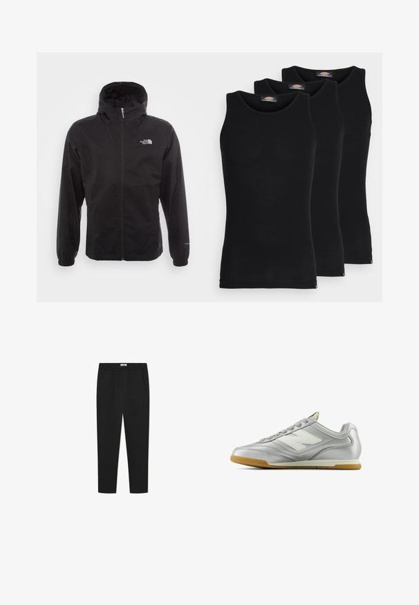 Czarna wodoodporna kurtka z pełnym zamkiem, regulowanym kapturem, elastycznymi mankietami i logo na piersi; lekka, gładka tekstura.; Czarne koszulki na ramiączkach w zestawie trzech sztuk. Wyróżniają się żebrową fakturą, standardowym okrągłym dekoltem, bez rękawów. Na dole widoczna mała logo marki.; Czarne dresowe spodnie wykonane z miękkiego materiału, z elastycznym pasem w talii z sznurkiem, dwiema bocznymi kieszeniami oraz zwężającym się krojem nogawki.; Srebrny but sportowy o gładkiej, błyszczącej powierzchni, z białym logo z boku, teksturowanymi szarymi sznurówkami i podeszwą z gumy.