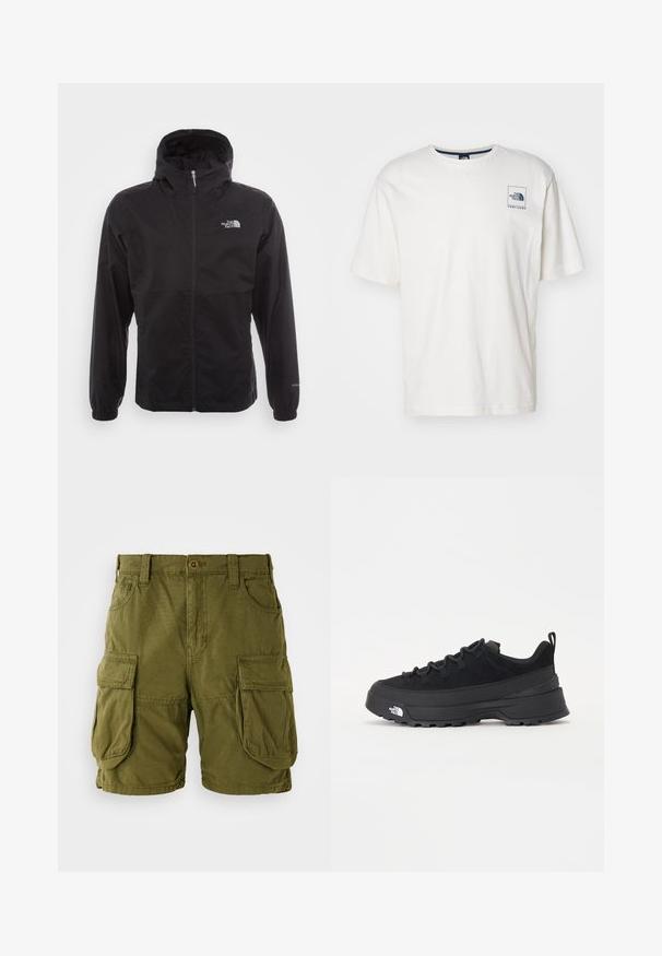 Černá nepromokavá bunda s celopropínacím zipem, nastavitelnou kapucí, elastickými manžetami a logem na hrudi; lehká, hladká textilie.; The North Face COORDINATES TEE - Triko s potiskem - white dune; Khaaki zelené cargo šortky vyrobené ze směsi bavlny. Obsahují dvě velké postranní kapsy a zavírání na knoflík s poutky na opasek. Hladký povrch.; Černé venkovní tenisky s horní částí ze semiše, texturovanou gumovou podrážkou a pevným šněrováním. Obsahují zesílenou patu a logo značky na boku.