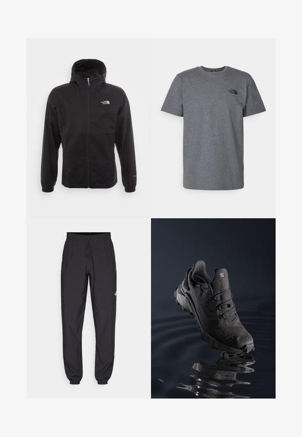 Zwarte waterdichte jack met volledige rits, verstelbare capuchon, elastische manchetten en een logo op de borst; lichtgewicht, gladde textuur.; Grijze katoenen t-shirt met korte mouwen, ronde halslijn en zwart logo gedrukt op de bovenste linkerkant van de borst. Zachte textuur met een casual pasvorm.; Zwarte sportieve broek gemaakt van lichtgewicht stof, met een trekkoord in de taille, zijzakken en taps toelopende boorden bij de enkels.; Zwarte trailrunning schoenen met een gestructureerde bovenkant, vetersysteem en rubberen buitenzool. Beschikt over waterdicht materiaal en rode accenten.