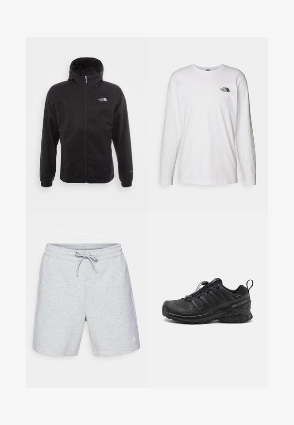 Giacca nera impermeabile con zip completa, cappuccio regolabile, polsini elasticizzati e logo sul petto; leggera, con texture liscia.; T-shirt bianco a maniche lunghe in cotone con colletto rotondo. Presenta un piccolo logo nero sul petto. Texture liscia, vestibilità regolare.; Pantaloni corti grigi chiari realizzati in tessuto morbido, con un elastico in vita dotato di coulisse, tasche laterali e un piccolo logo sull'orlo.; Scarpa sportiva nera con parte superiore in sintetico testurizzato, suola imbottita e sistema di allacciatura rapida. Presenta una punta e un tallone rinforzati.