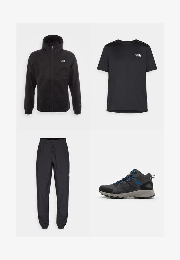 Czarna wodoodporna kurtka z pełnym zamkiem, regulowanym kapturem, elastycznymi mankietami i logo na piersi; lekka, gładka tekstura.; Czarny t-shirt z krótkim rękawem, wykonany z lekkiego materiału. Posiada małe białe logo na lewej piersi oraz subtelne akcenty na ramionach.; Czarne spodenki sportowe wykonane z lekkiego materiału, z elastycznym pasem na sznurek, bocznymi kieszeniami i zwężanymi mankietami przy kostkach.; Czarne i szare buty turystyczne z niebieskimi akcentami, siateczkowa cholewka, wytrzymała podeszwa i geometryczny wzór. Posiadają wspierający kołnierz kostki oraz trwałe materiały.