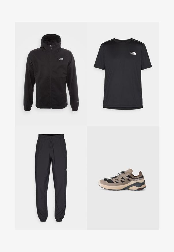 Schwarze wasserdichte Jacke mit durchgehendem Reißverschluss, verstellbarem Kapuzen, elastischen Bündchen und einem Logo auf der Brust; leicht und mit glatter Textur.; Schwarzes T-Shirt mit kurzen Ärmeln aus leichtem Stoff. Mit einem kleinen weißen Logo auf der linken Brust und dezenten Akzenten an den Schultern.; Schwarze Sporthosen aus leichtem Stoff, mit einem Kordelzugbund, seitlichen Taschen und schmal zulaufenden Bündchen an den Knöcheln.; Salomon Trailschuhe in Beige und Schwarz verfügen über ein niedrig geschnittenes Design, ein atmungsaktives Mesh-Obermaterial, elastische Schnürsenkel und eine robuste Außensohle für optimalen Halt.