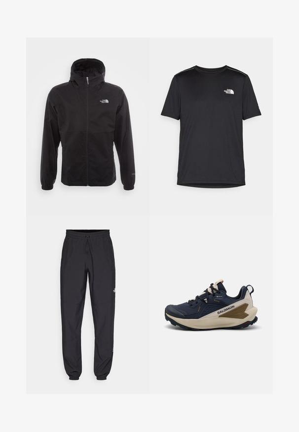 Fekete, vízálló dzseki teljes cipzárral, állítható kapucnival, rugalmas mandzsettákkal és mellkasi logóval; könnyű, sima textúrájú.; Fekete, rövid ujjú póló, könnyű anyagból készült. Bal mellen egy kis fehér logó található, és finom vállrész kiemelések.; Fekete sportnadrág, könnyű anyagból készült, húzózsinóros derékkal, oldalsó zsebekkel és szűkített szárakkal a bokáknál.; Navy és krémszínű Salomon terepfutó cipők hálós felsőrésszel, gumitalppal és texturált részletekkel. A cipőkön kontrasztos logó és megerősített orr rész található.
