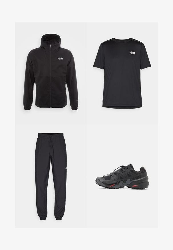 Fekete, vízálló dzseki teljes cipzárral, állítható kapucnival, rugalmas mandzsettákkal és mellkasi logóval; könnyű, sima textúrájú.; Fekete, rövid ujjú póló, könnyű anyagból készült. Bal mellen egy kis fehér logó található, és finom vállrész kiemelések.; Fekete sportnadrág, könnyű anyagból készült, húzózsinóros derékkal, oldalsó zsebekkel és szűkített szárakkal a bokáknál.; Fekete futócipő szintetikus felsőrésszel, textúrázott dizájnnal és kontrasztos piros kiegészítőkkel. Biztosított fűzőrendszerrel és robosztus talppal rendelkezik.