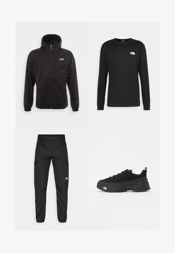 Crna vodootporna jakna s punim patentnim zatvaračem, podesivim kapuljačom, elastičnim manžetama i logom na prsima; lagana, glatke teksture.; Crna majica dugih rukava od pamuka, s bijelim logotipom na lijevoj strani prsnog koša i rebrastim manžetama. Glatka tekstura s okruglim dekolteom.; The North Face HORIZON PANT - Hlače za otvoreno - black; Crne vanjske tenisice s gornjim dijelom od antilopa, teksturiranim gumenim potplatom i čvrstim sustavom vezanja. Imaju ojačan petni deo i logo brenda sa strane.