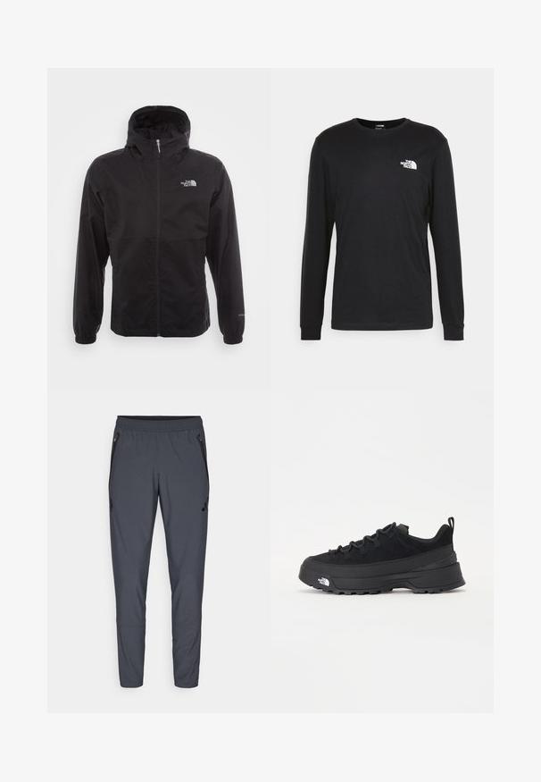 Jachetă neagră, impermeabilă, cu fermoar complet, glugă ajustabilă, manșete elastice și un logo pe piept; ușoară, cu o textură netedă.; Tricou negru cu mânecă lungă din bumbac, având un logo alb pe partea stângă a pieptului și mansete cu țesătură fină. Textură netedă cu decolteu rotund.; Pantaloni atletici gri cu un brâu elastic, buzunare laterale cu fermoar și detaliu cu logo pe coapsa stângă. Realizați dintr-un material ușor.; Tenisi de exterior negri cu superior din daim, talpă din cauciuc texturat și sistem de șireturi solid. Prezintă un călcâi întărit și un logo al mărcii pe lateral.